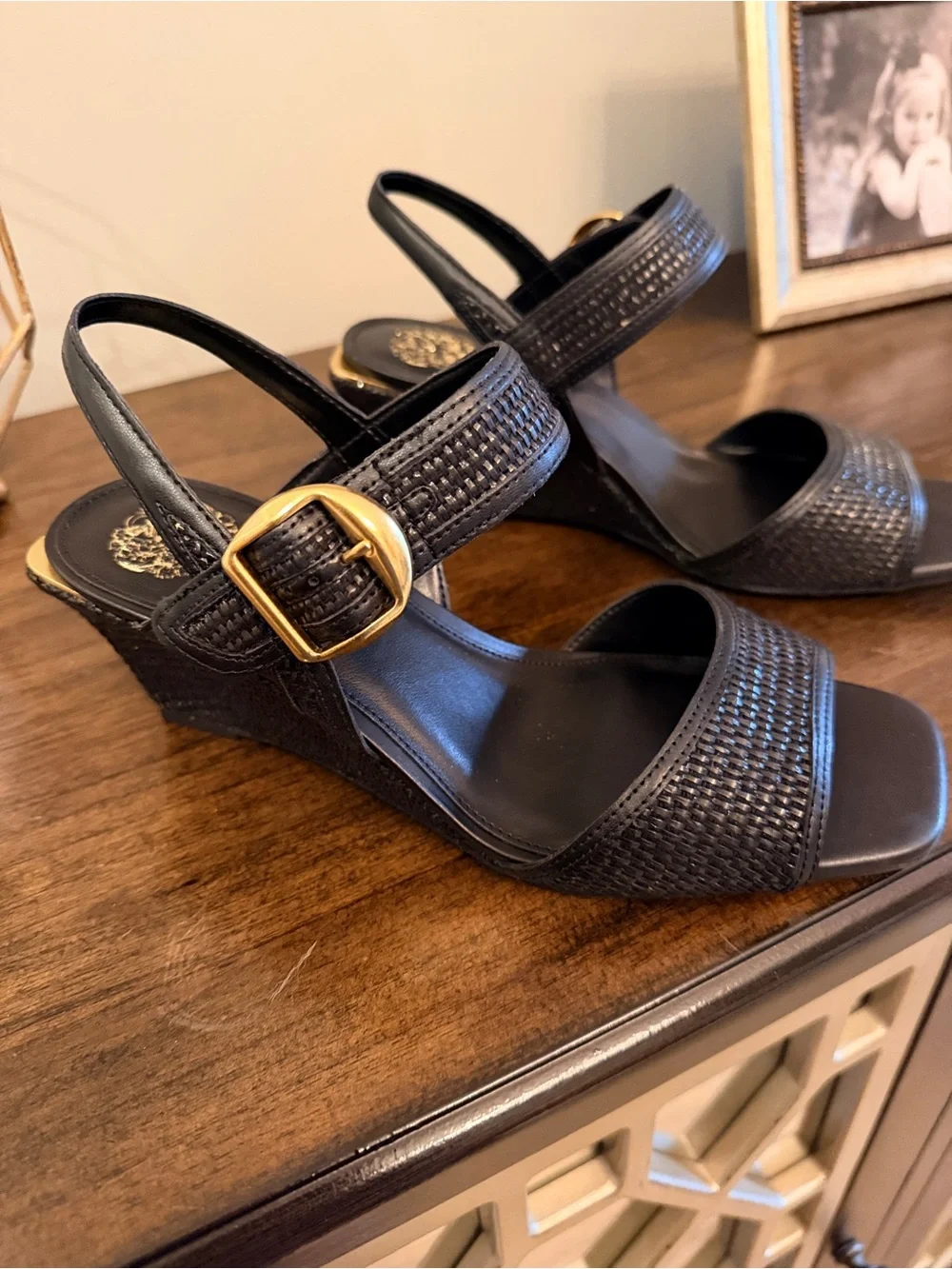 Vince Camuto Black Woven Slingback Wedge with Gold Buckle -Helcy Style